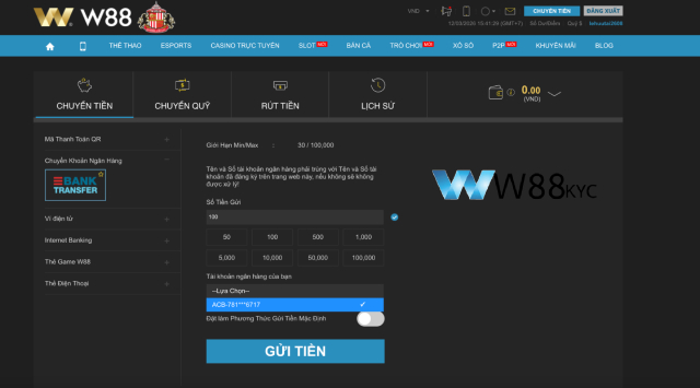 Nạp Tiền W88: Hướng Dẫn Thao Tác Nhanh Gọn Và An Toàn Nhất 2026 3 Giao diện nạp tiền W88 qua chuyển khoản ngân hàng địa phương